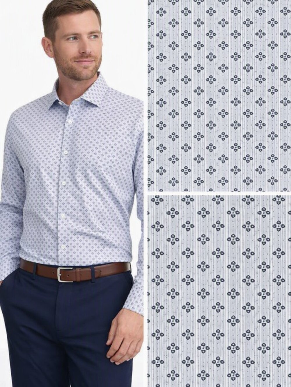 Patterned Men’s Long Sleeve Button‑Up Shirt Light Blue Navy XL  Classic Fit